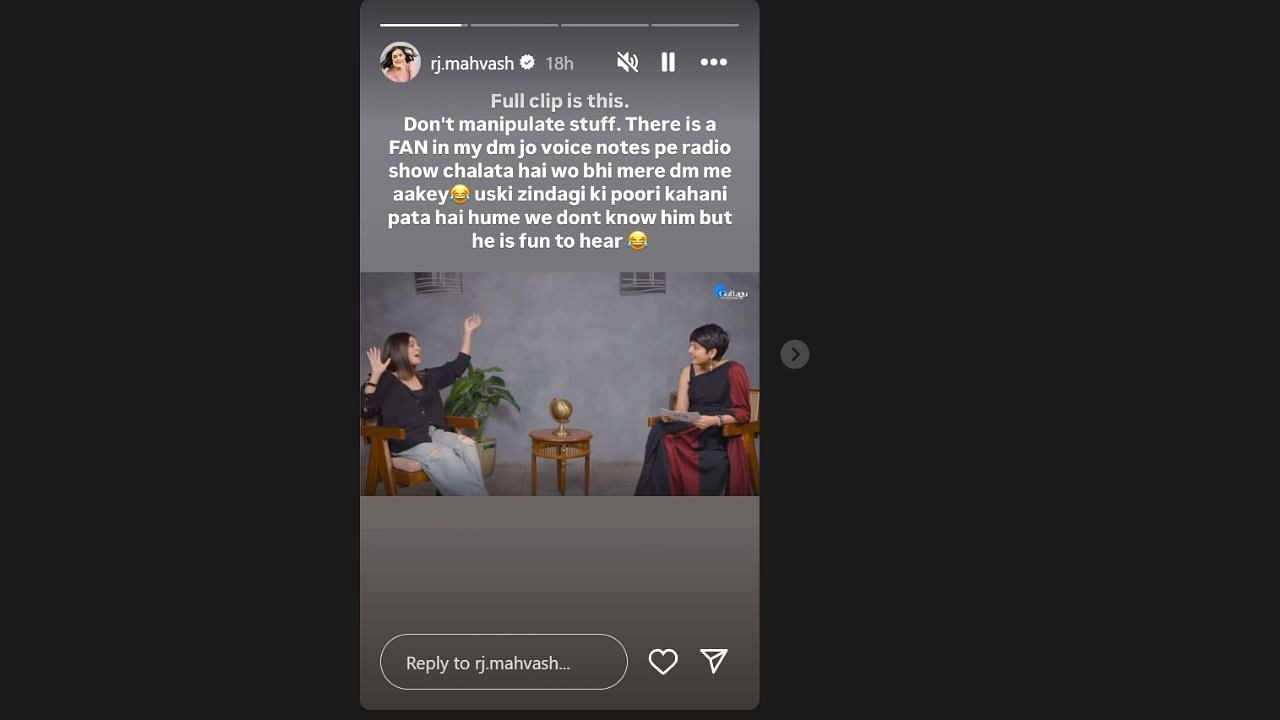 आरजे महवश ने इंस्टाग्राम पर शेयर की खास स्टोरी (photo credit: instagram/rj.mahvash)